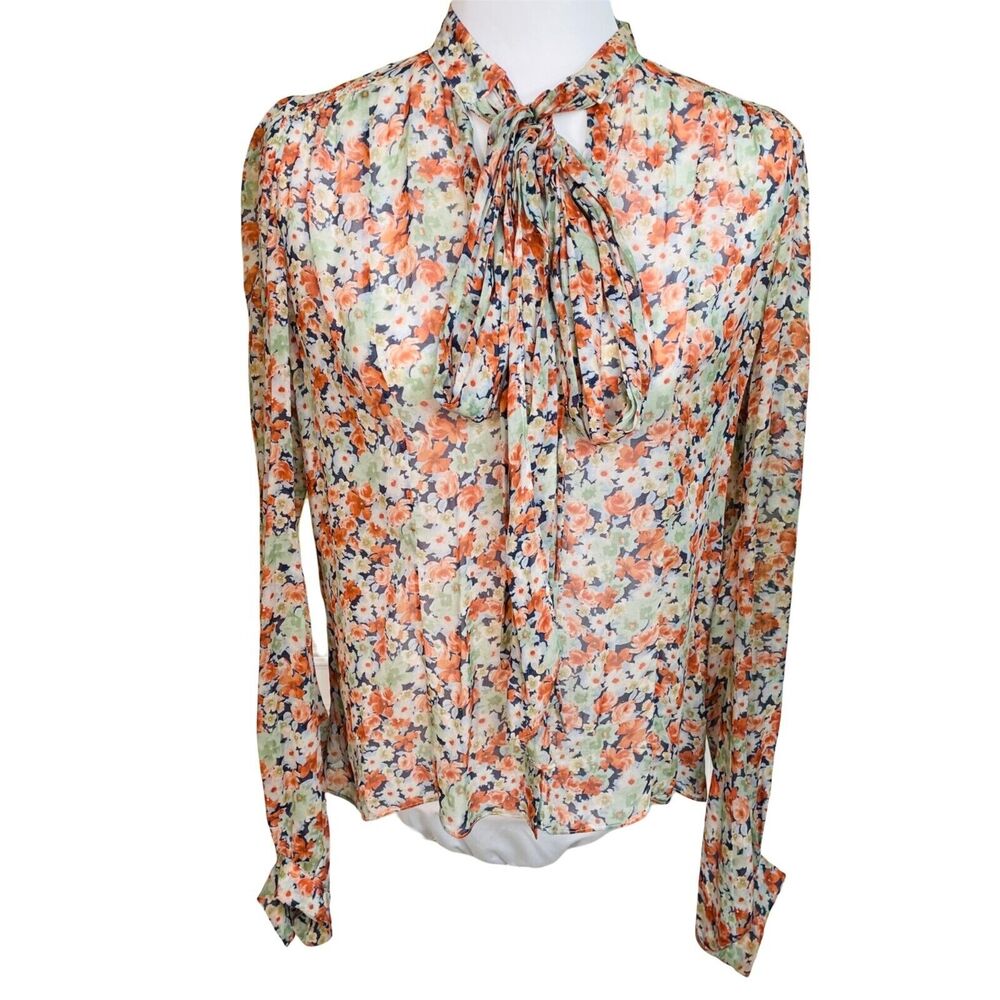 Zara Floral Tie-Neck Blouse in Orange, Green, Navy on Cream